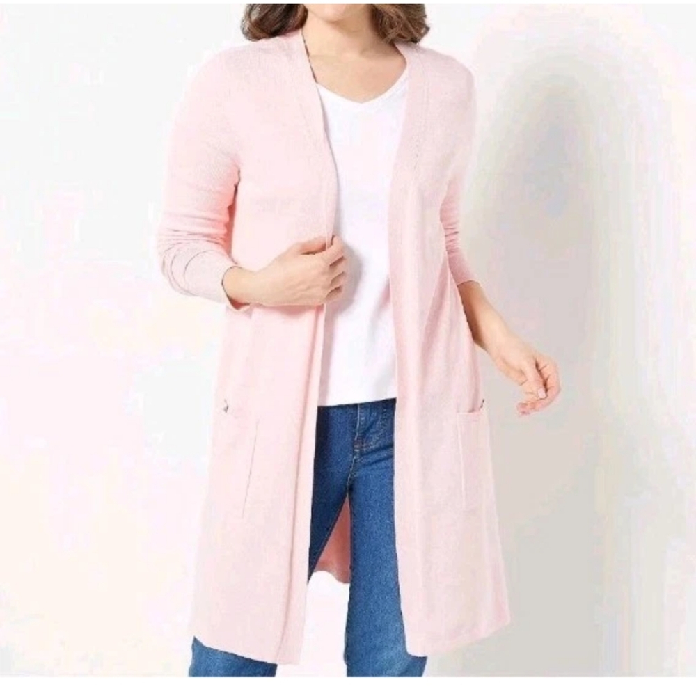 Bella Kim Gravel Cardigan Sweater Woman XL Pink Lightweight Open Tunic Pockets